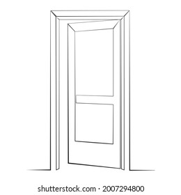 Opened Door Line Drawing On White Isolated Background