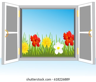 Opened door in nature with herb and flower
