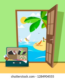 Opened door. An open door to the resort and the sea with a suitcase for travel