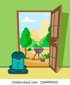 Opened door. Open door with a view of the picnic with a camping and standing backpack at the door. Vector