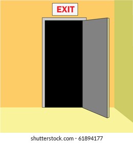 Opened door out, with sign EXIT above, in corridor of a building.