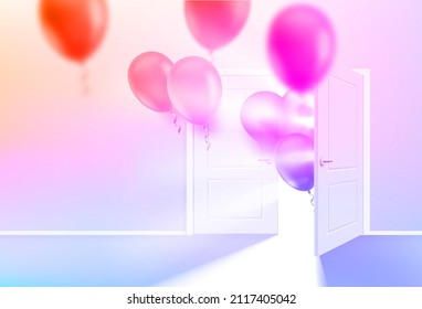 Puerta abierta con brillos y globos de aire. concepto de vacaciones, ilustración vectorial 3d

