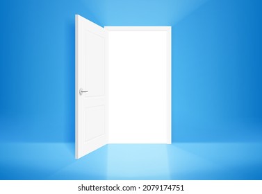 Opened door with shining way and blue wall. Realistic 3d style vector illustration
