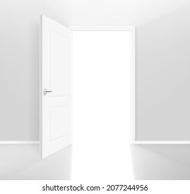 Opened door with shining way. Realistic 3d style vector banner with copy space