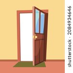 Opened door. Simple and flat style. Inside view from the room of the house. Yellow wall. Open. Cartoon cute fairy tale design. Image background. Vector.