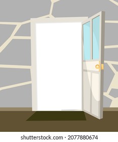 Opened door. Simple and flat style. Day. Inside view from the room of the house. stone wall. Open. Cartoon cute fairy tale design. Image background. Vector.
