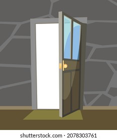 Opened door. Simple and flat style. Inside view from the room of the house. stone wall. Open. Cartoon cute fairy tale design. Image background. Vector.