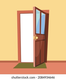 Opened Door. Simple And Flat Style. Inside View From The Room Of The House. Yellow Wall. Open. Cartoon Cute Fairy Tale Design. Image Background. Vector.