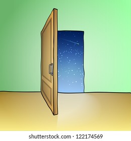 Opened door, sketch vector illustration in doodle style
