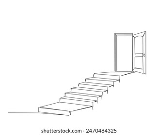 Opened door with stairs illustration. Continuous one line drawing of door and stairs. Editable stroke.