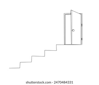 Opened door with stairs illustration. Continuous one line drawing of door and stairs. Editable stroke.