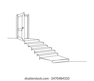 Opened door with stairs illustration. Continuous one line drawing of door and stairs. Editable stroke.