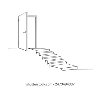 Opened door with stairs illustration. Continuous one line drawing of door and stairs. Editable stroke.