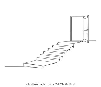 Opened door with stairs illustration. Continuous one line drawing of door and stairs. Editable stroke.