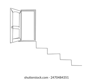 Puerta abierta con ilustración de escaleras. Dibujo continuo de una línea de puerta y escaleras. Trazo editable.