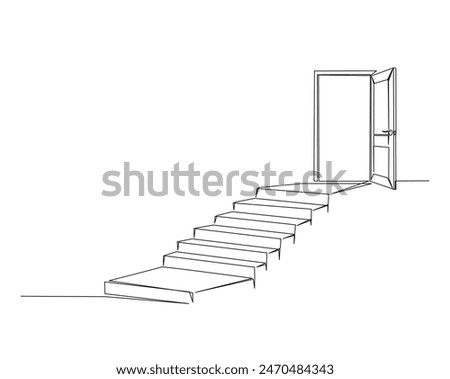 Opened door with stairs illustration. Continuous one line drawing of door and stairs. Editable stroke.