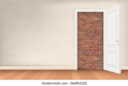 Opened door in stucco wall blocked brick. Vector concept illustration about exit of a difficult situation. Solution to the problem.