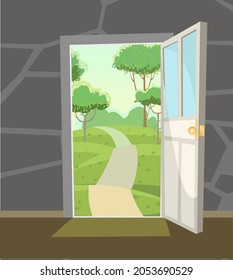 Opened door. View from inside from room of house to summer country landscape with road. Stone wall. Way is open. Cartoon cute design. Image background. Vector.