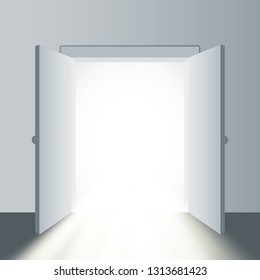 Opened door in a white room with the outgoing light. Chromatic image. Vector background