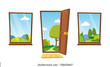 Opened Door And Windows Vector. Cartoon Flat Summer Landscape. Home Interior. Front View. Freedom Concept. Isolated Illustration.