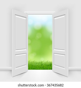 Opened Doors With Blue Sky And Greeen Grass With Gradient Mesh, Vector Illustration