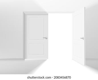 Opened double door entrance in a corridor. Realistic 3d style vector illustration 