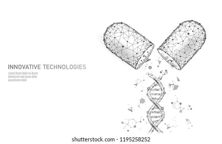 Opened drug capsule medicine business concept. DNA gene therapy glowing medicament prebiotic probiotic ball health care cure illness. Antibiotic vitamin medical nutrition low poly vector illustration