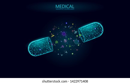 Opened drug capsule medicine business concept. Banner blue glowing medicament prebiotic probiotic ball health care cure illness. Antibiotic vitamin medical nutrition low poly vector illustration