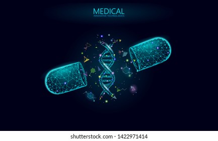 Opened Drug Capsule Medicine Business Concept. DNA Gene Therapy Blue Medicament Prebiotic Probiotic Ball Health Care Cure Illness. Antibiotic Vitamin Medical Nutrition Low Poly Vector Illustration