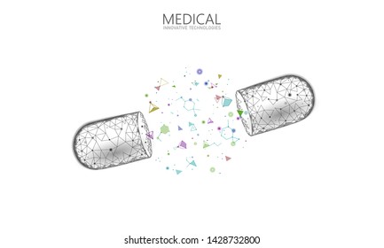 Opened drug capsule medicine business concept. Banner blue glowing medicament prebiotic probiotic ball health care cure illness. Antibiotic vitamin medical nutrition low poly vector illustration