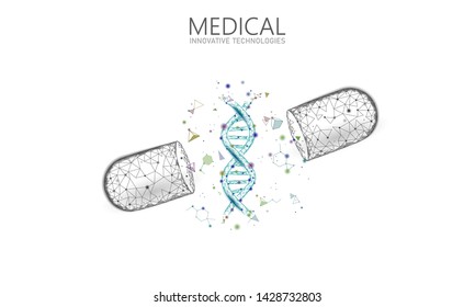 Opened drug capsule medicine business concept. DNA gene therapy blue medicament prebiotic probiotic ball health care cure illness. Antibiotic vitamin medical nutrition low poly vector illustration