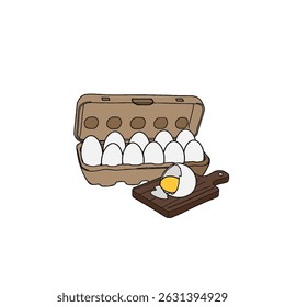 Opened egg carton with egg outline Vector illustration of egg tray containing 8 and 1 open egg on tray isolated on white background for kids coloring activity worksheet and workbook.	
