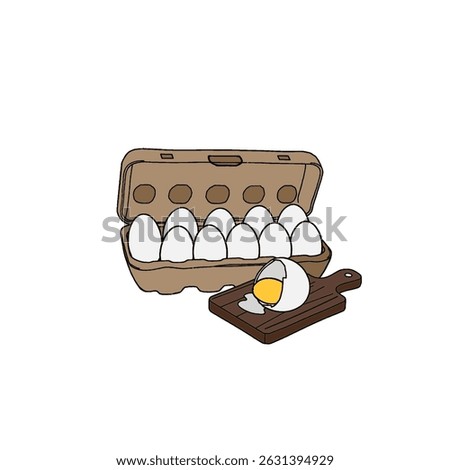 Opened egg carton with egg outline Vector illustration of egg tray containing 8 and 1 open egg on tray isolated on white background for kids coloring activity worksheet and workbook.	
