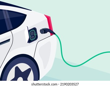 Opened electric car socket charger detail ready for charging. EV getting plugged with power electricity supply cable with mennekes type 2 connector plug. Battery vehicle charge. Vector illustration.