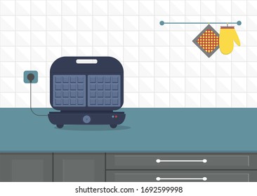 Opened Electronic Waffle maker on kitchen table. Vector illustration