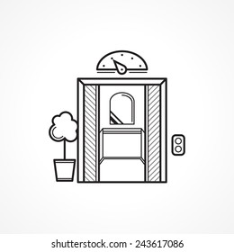 Opened elevator door black line vector icon. Single black contour elevator, passenger lift with opened door and mirror and with flower pot near. Vintage design vector icon on white background.