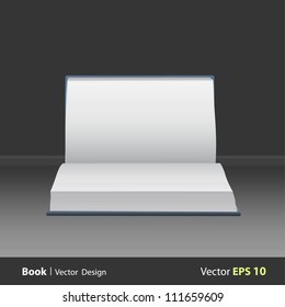 Opened empty book on gray background. Realistic vector design.