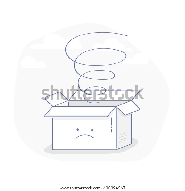 Opened empty box with\
cute frustrated face. Empty shopping cart, delivery box or parcel,\
package, cart illustration concept. Flat line vector element for\
web and mobile design.
