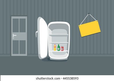 Opened empty broken fridge in cartoon style standing in front of the wall in the room with message board hanging on the wall. Drink bottles beverages are inside the fridge.