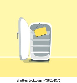 Opened Empty Broken Fridge Vector Illustration In Cartoon Style. The Fridge Is Standing In Front Of Yellow Wall. Sign Board Hanging.