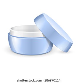 Opened Empty Cream, Gel Or Powder, Light Blue Jar Can Cap Bottle. Blank On White Background Isolated. Ready For Your Design. Product Packing Vector EPS10
