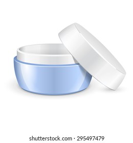 Opened Empty Cream, Gel Or Powder, Light Blue Jar Can Cap Bottle. Blank On White Background Isolated. Ready For Your Design. Product Packing Vector EPS10