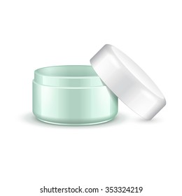 Opened Empty Cream, Gel Or Powder, Light Green Turquoise Jar Can Cap Bottle. On White Background Isolated. Ready For Your Design. Product Packing Vector EPS10 