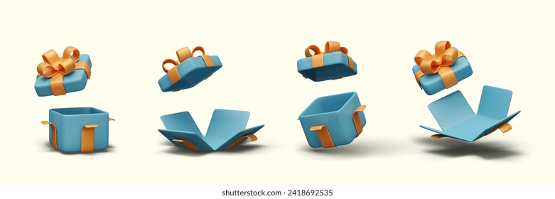 Opened empty gift box. Festive packaging mockup with wrapper, ribbon, bow