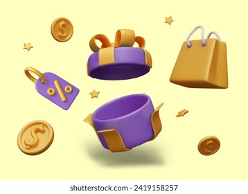 Opened empty gift box, mockup. Shopping bag with handles, discount tag, gold coins, stars