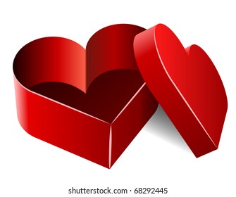 Opened empty heart shaped box isolated on white.
