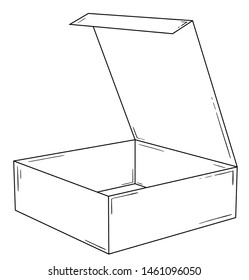 Opened empty paper box. Sketch of the illustration. Black simple outline illustration on white background.