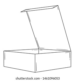 Opened empty paper box. Sketch of the illustration. Black simple outline illustration on white background.