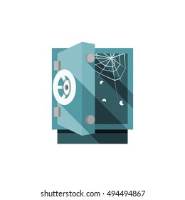Opened empty safe with cobweb and flies inside. Illustration with opened empty safe and cobweb and flies inside in flat style isolated on a white background.