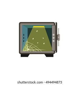Opened empty safe with cobweb and flies inside. Illustration with opened empty safe and cobweb and flies inside in flat style isolated on a white background.